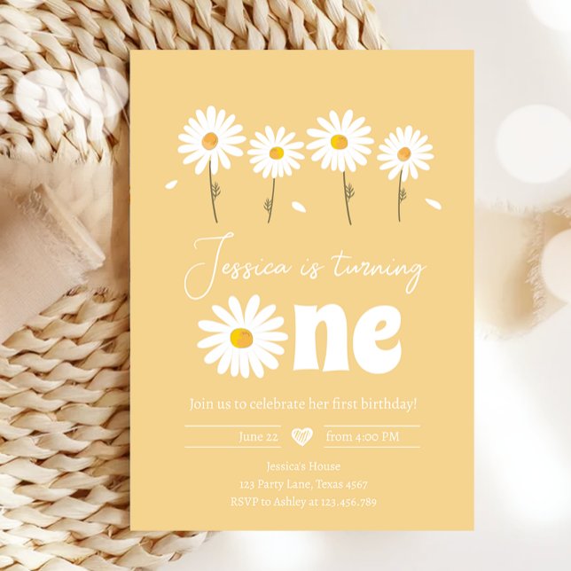 Daisy Retro Boho Party Yellow Girl First Birthday Invitation (Creator Uploaded)