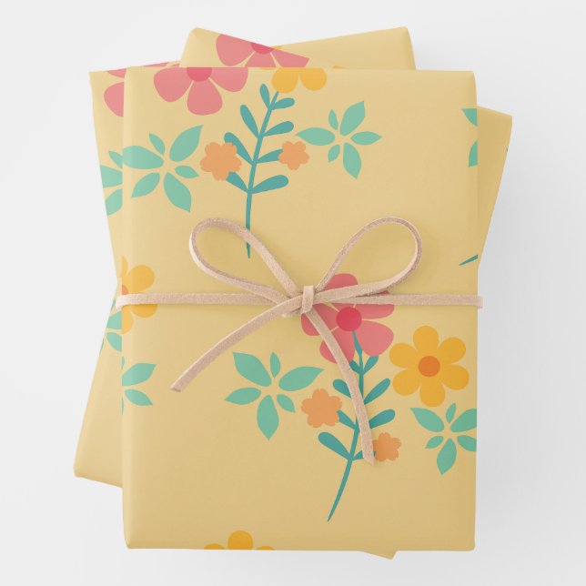 Daisy Retro Bouquet Pattern in Yellow Wrapping Paper Sheet (In situ)