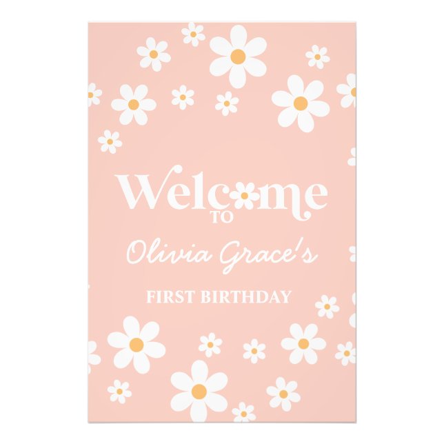 Daisy Retro Pink first birthday Welcome  Photo Print (Front)