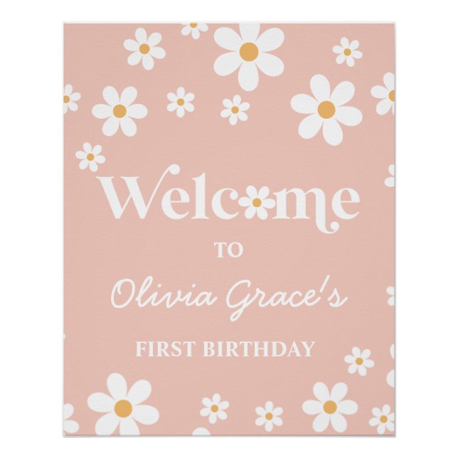 Daisy Retro Pink first birthday Welcome  Poster (Front)