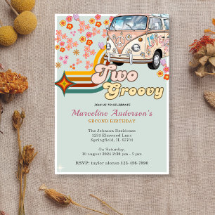 Daisy & Retro Van Floral Groovy Two 2nd Birthday Invitation