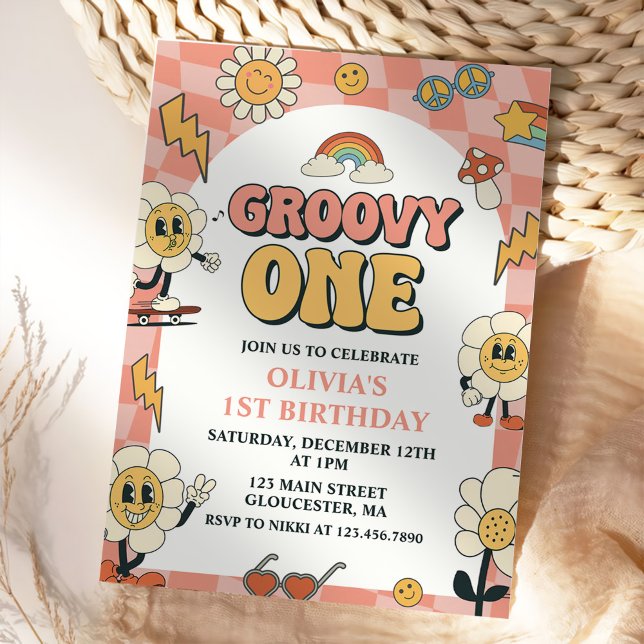 Daisy & Retro Van Pink Groovy One 1st Birthday Invitation (Creator Uploaded)