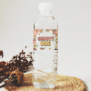 Daisy & Retro Van Pink Groovy One 1st Birthday Water Bottle Label
