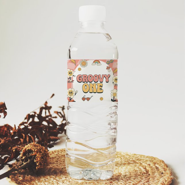Daisy & Retro Van Pink Groovy One 1st Birthday Water Bottle Label (Creator Uploaded)