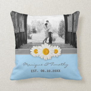 Daisy Ribbon Blue Wedding Anniversary Throw Pillow