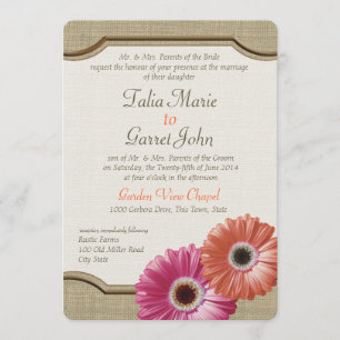 Daisy Rustic Burlap Coral and Pink Invitation