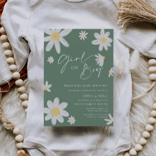 Daisy Sage Green Gender Reveal Girl or Boy Invitation