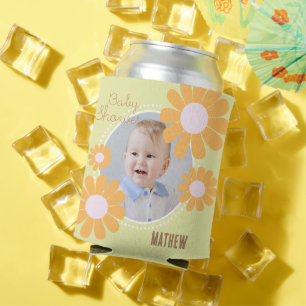 Daisy Simple Baby Shower Green Photo Can Cooler