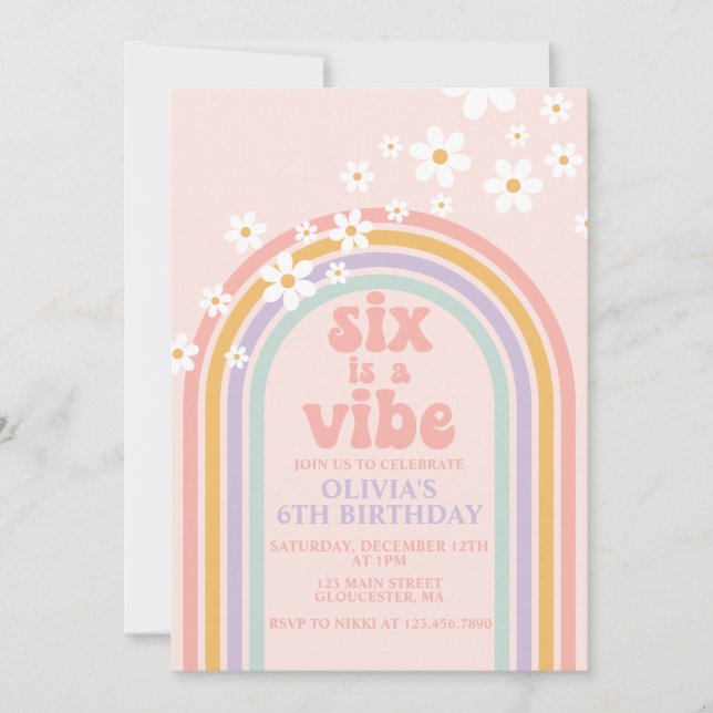 Daisy Six is a Vibe Pastel rainbow 6th birthday Invitation (Front)