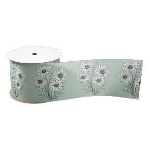 Daisy Sketch On Sage Green Satin Ribbon