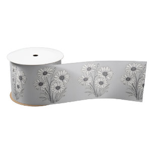 Daisy Sketch On Silver Satin Ribbon