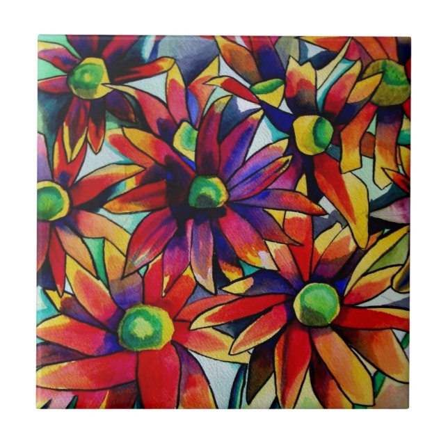 Daisy Straw multicoloured wildflowers art Tile (Front)