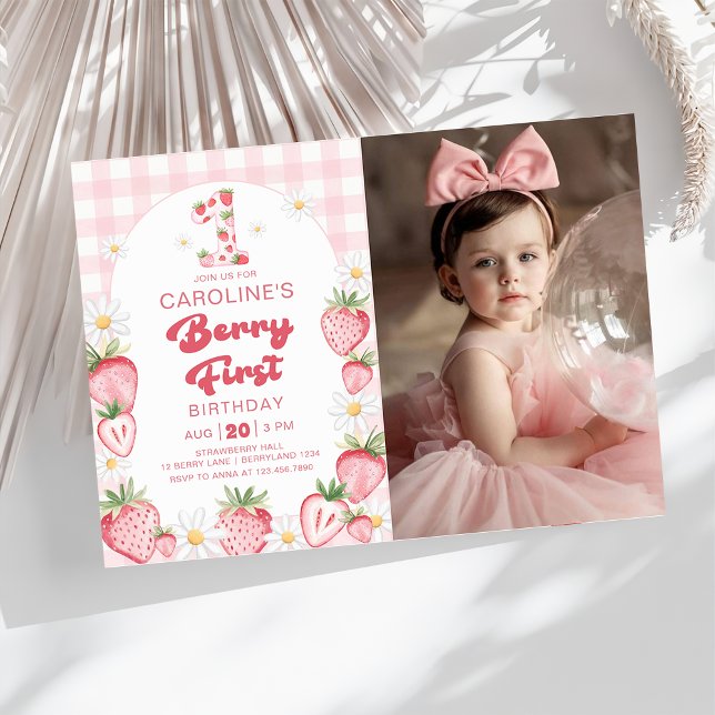 Daisy Strawberry Berry First 1st Birthday Photo Invitation (Creator Uploaded)