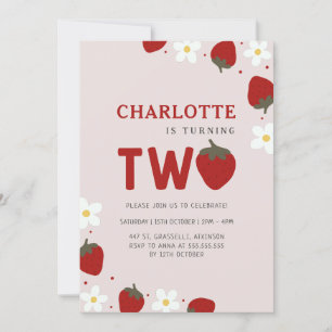 Daisy Strawberry Light Grey 2nd Summer Birthday Invitation