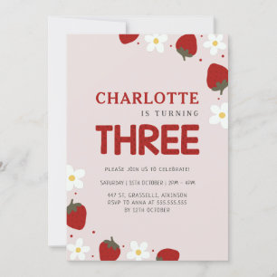 Daisy Strawberry Light Grey 3rd Summer Birthday Invitation