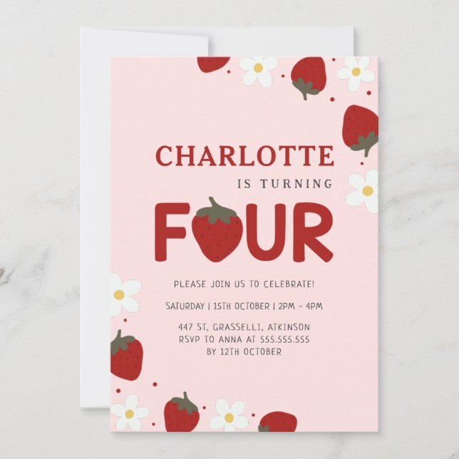Daisy Strawberry Pink 4th Summer Birthday Invitation (Front)