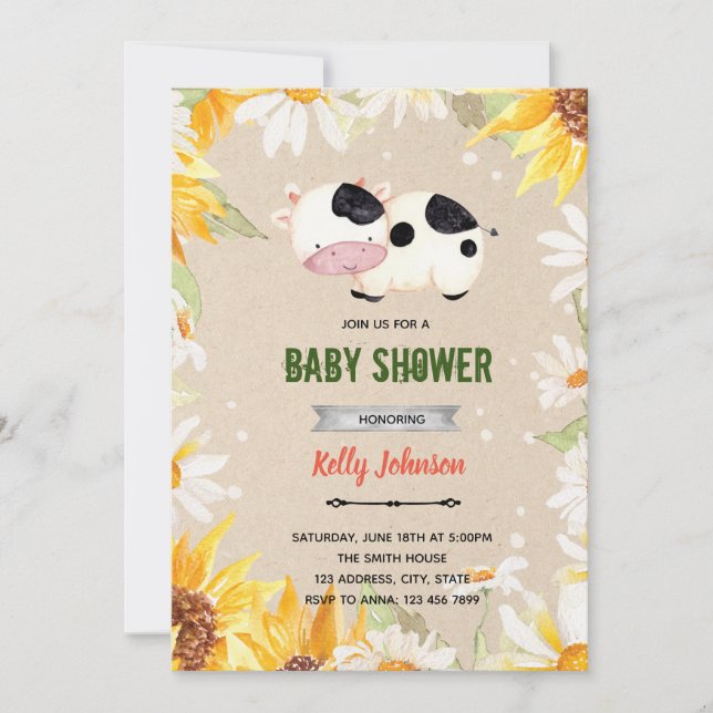 Daisy sunflower cow shower birthday invitation (Front)