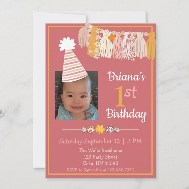 Daisy Tassel Party Hat Pink Girls First Birthday  Invitation (Front)