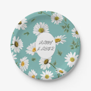 Daisy Teal Floral Colorful Pattern Easter Spring Paper Plate