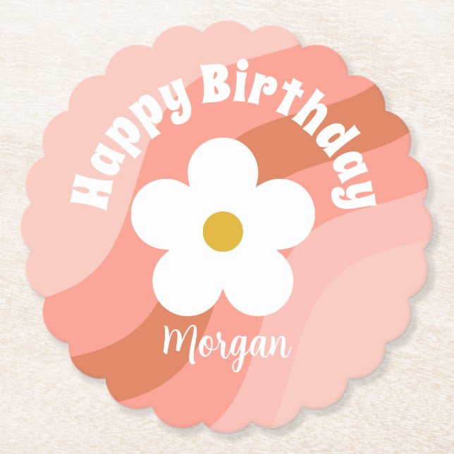 Daisy Terracotta Peach Retro Party Cupcakes Paper Coaster (Front)