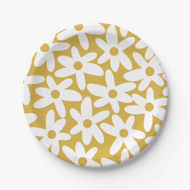 Daisy Time Cute Retro Modern Flowers in Mustard Paper Plate (Front)