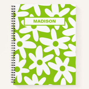 Daisy Time Retro Flower Pattern Lime Green Notebook