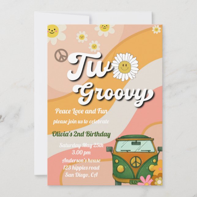 Daisy Two Groovy Birthday Invitation, 70s birthday Invitation (Front)