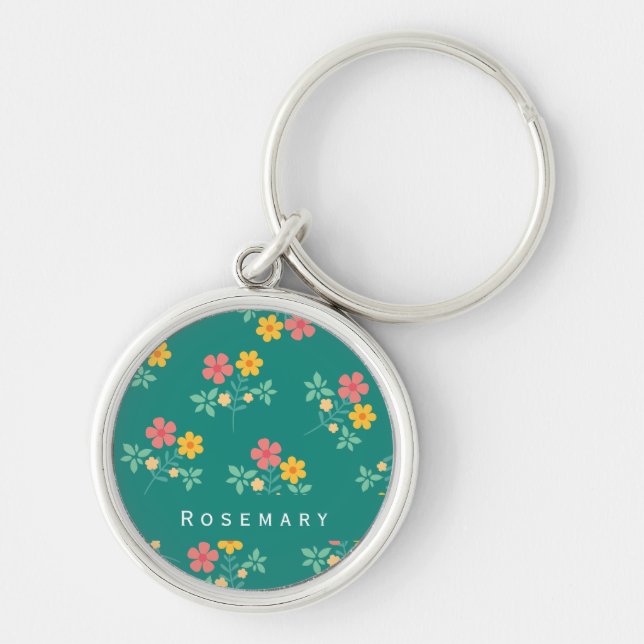 Daisy Vintage Bouquet Pattern in Green  Key Ring (Front)