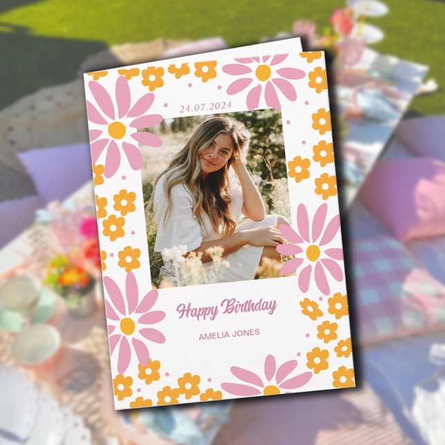 Daisy Warm Florals Photo Happy Birthday Card (Daisy Warm Florals Photo Happy Birthday Card)