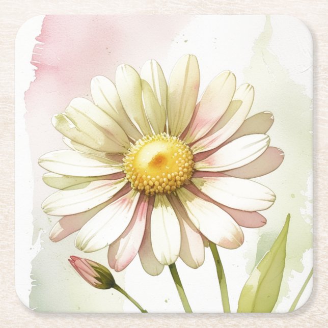 Daisy Watercolor Flower Modern Professional Square Paper Coaster (Front)