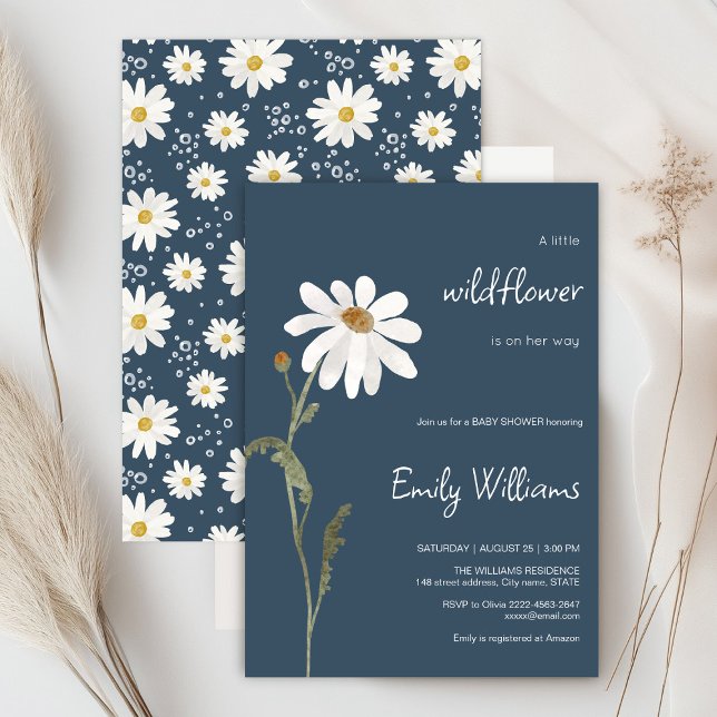 Daisy watercolor minimalistic baby shower  invitation (Daisy wildflower watercolor baby in bloom floral shower invitation in blue colors, rustic, boho)