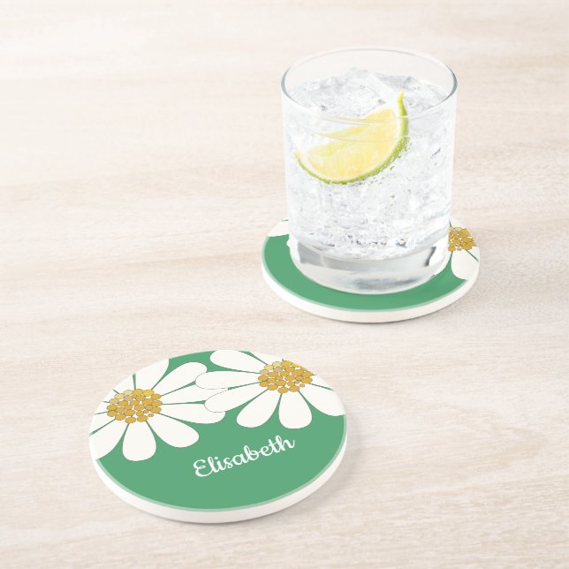 Daisy-white floral desing personalise name  coaster (Side)