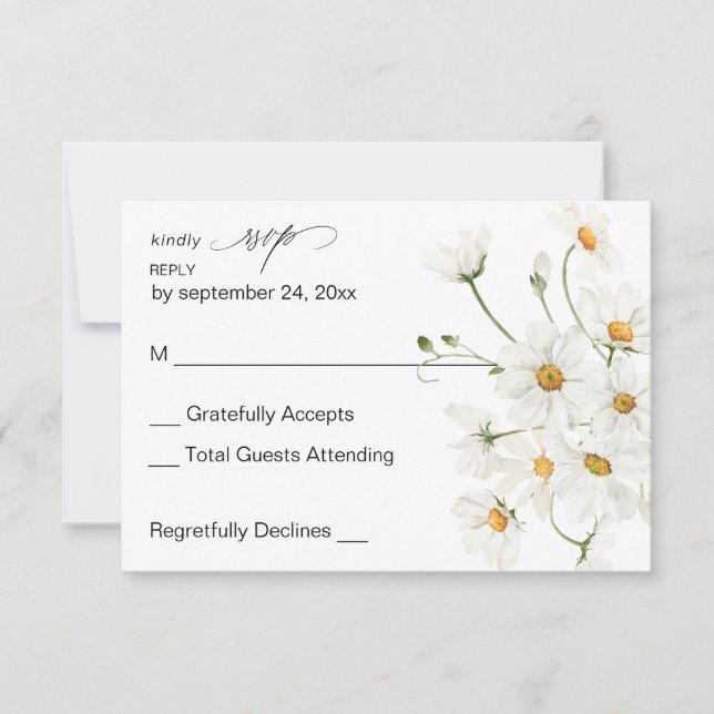 Daisy White Floral no Meal RSVP 2 Card (Front)