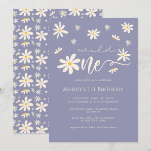 Daisy Wild One 1st Birthday Boho Purple Invitation