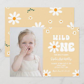 Daisy Wild One 1st Birthday Party Boho Photo Invitation