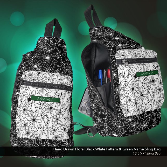 Daisy Wildflower Black White Pattern & Green Name Sling Bag (Sling Bag: Hand Drawn Floral Pattern in Black White, Personalized with Name in Green)