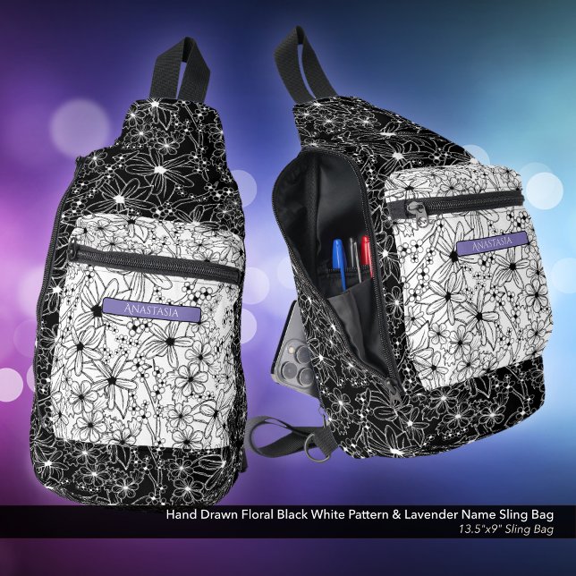 Daisy Wildflower Black White Pattern Purple Name Sling Bag (Sling Bag: Hand Drawn Floral Pattern in Black White, Personalized with Name in Lavender/Purple)