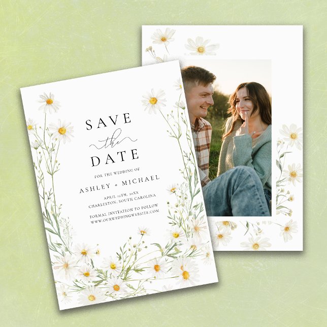 Daisy Wildflower White Boho Photo Save The Date (Creator Uploaded)