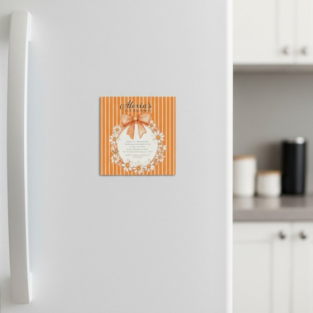 Daisy Wreath Orange Stripe Birthday Thin Magnetic  Invitation (Creator Uploaded)