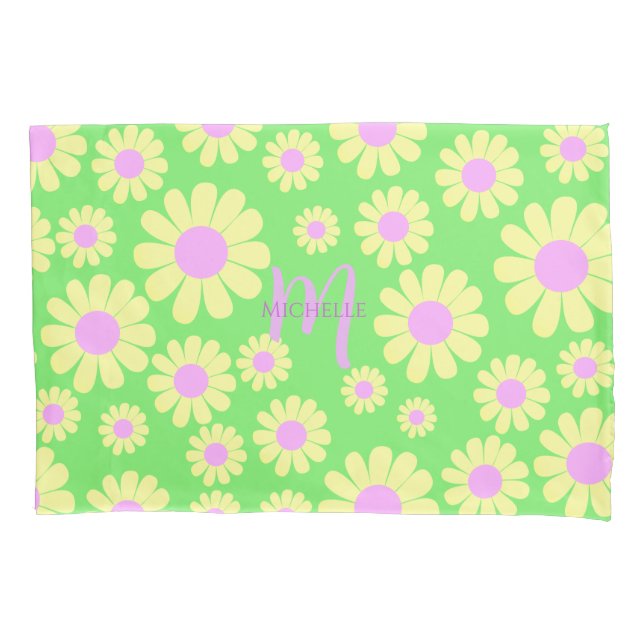 Daisy Yellow Green Monogram Pillowcase (Front)