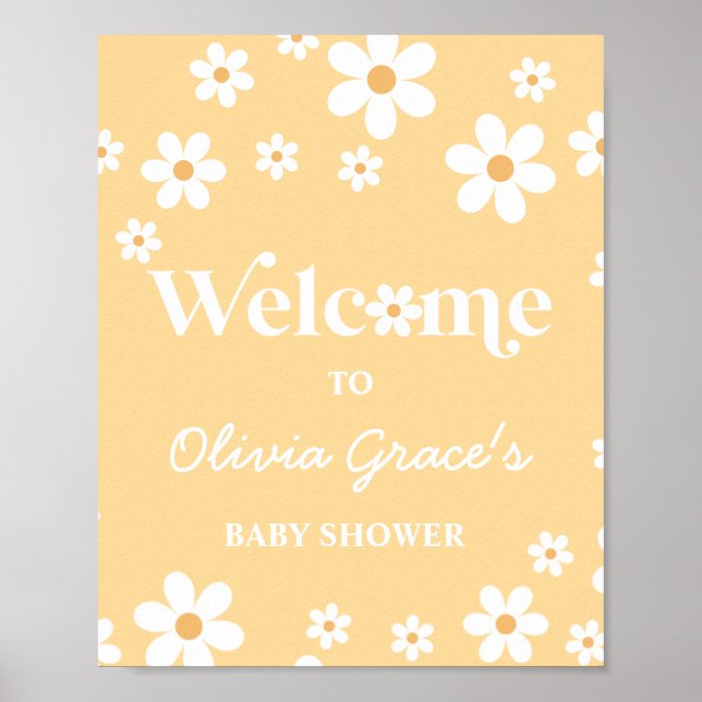Daisy yellow Retro Peace Love Baby Shower Welcome Poster (Front)