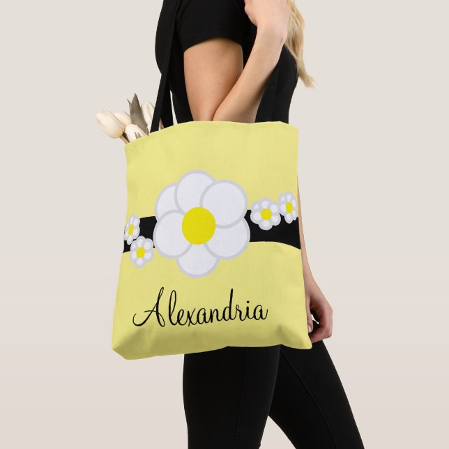 Daisy Yellow White Black Stripe Tote Bag (Close Up)