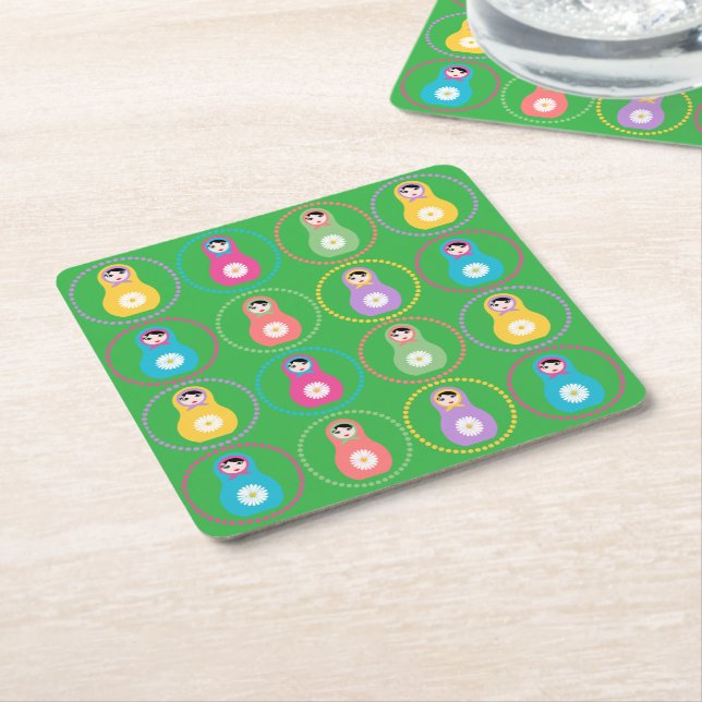 Daisyflower Matryoshka Square Paper Coaster (Angled)