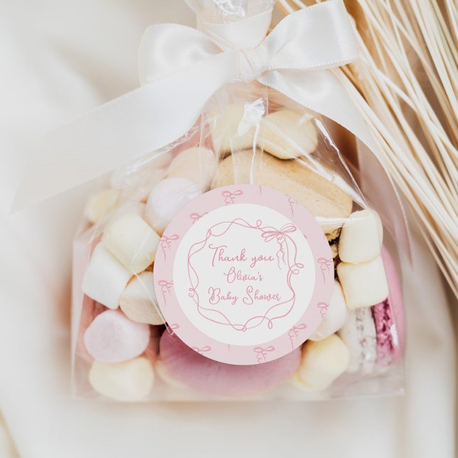Daity bow pink hand drawn wavy frame thank you classic round sticker (Creator Uploaded)