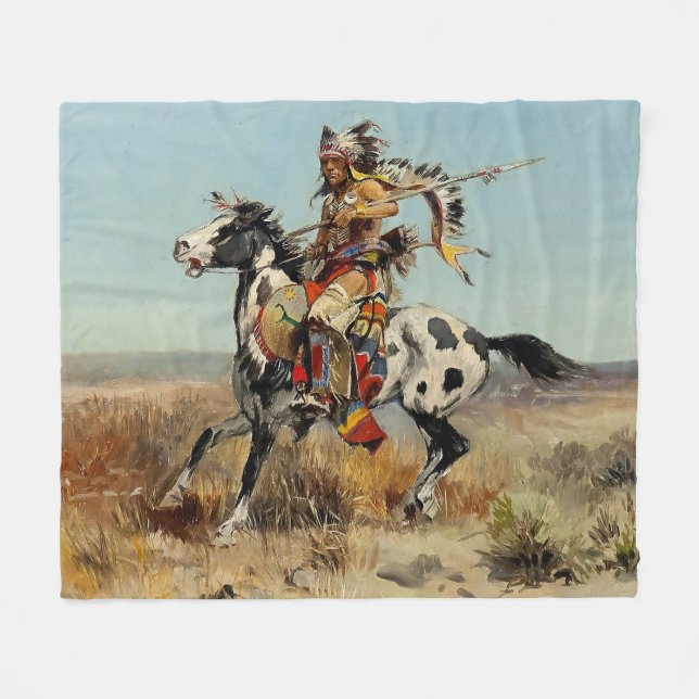 “Dakota Chief” Western Art by Charles M Russell Fleece Blanket (Front (Horizontal))