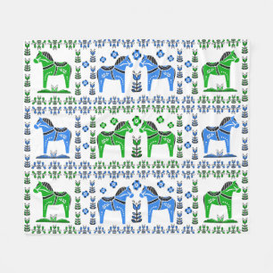 Dala folk horse, Nordic/Norwegian, blue/green Fleece Blanket