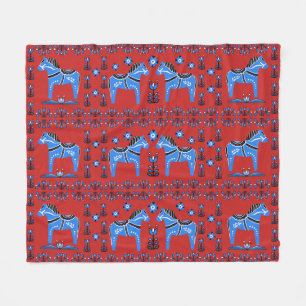 Dala folk horse, Nordic/Norwegian, blue/red Fleece Blanket