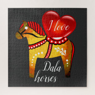 Dala folk horse, white/black/yellow/red heart jigsaw puzzle