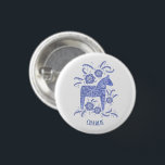 Dala Horse Blue Swedish Folk Art Custom Name 3 Cm Round Badge<br><div class="desc">A periwinkle blue and white painting of a  Swedish Dala Horse. 
Perfect for horse and pony lovers,  and for Vikings!
Change the name to customise.</div>
