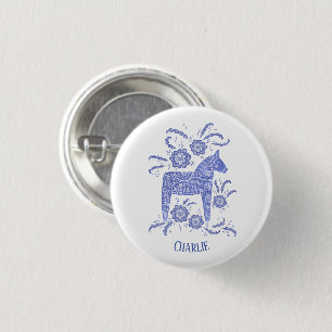 Dala Horse Blue Swedish Folk Art Custom Name 3 Cm Round Badge